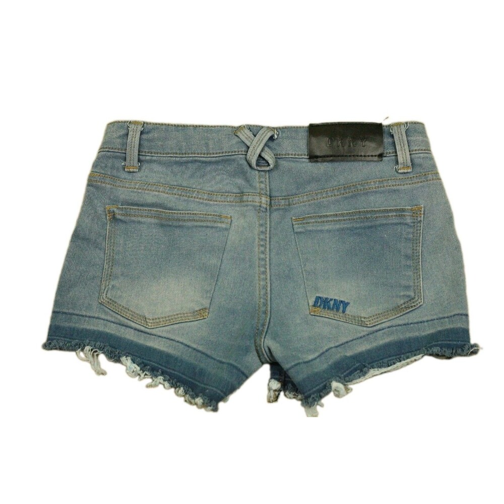 DKNY Women's Junior 14 Distressed Denim Shorts Fringe Stretch Blue 26" waist EUC